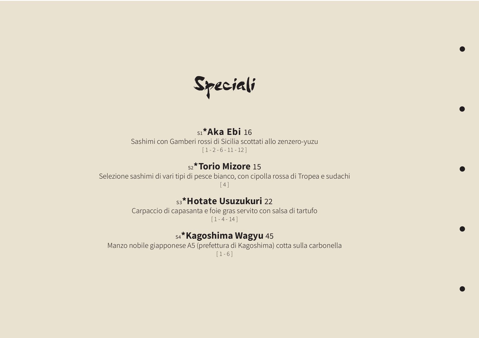 Nami — pagina menu: Speciali, Aka Ebi, Torio Mizore, Hotate Usuzukuri, Kagoshima Wagyu