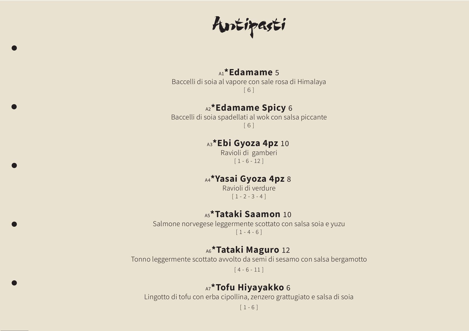Nami — pagina menu: Antipasti, edamame, gyoza, tataki, tofu hiyayakko